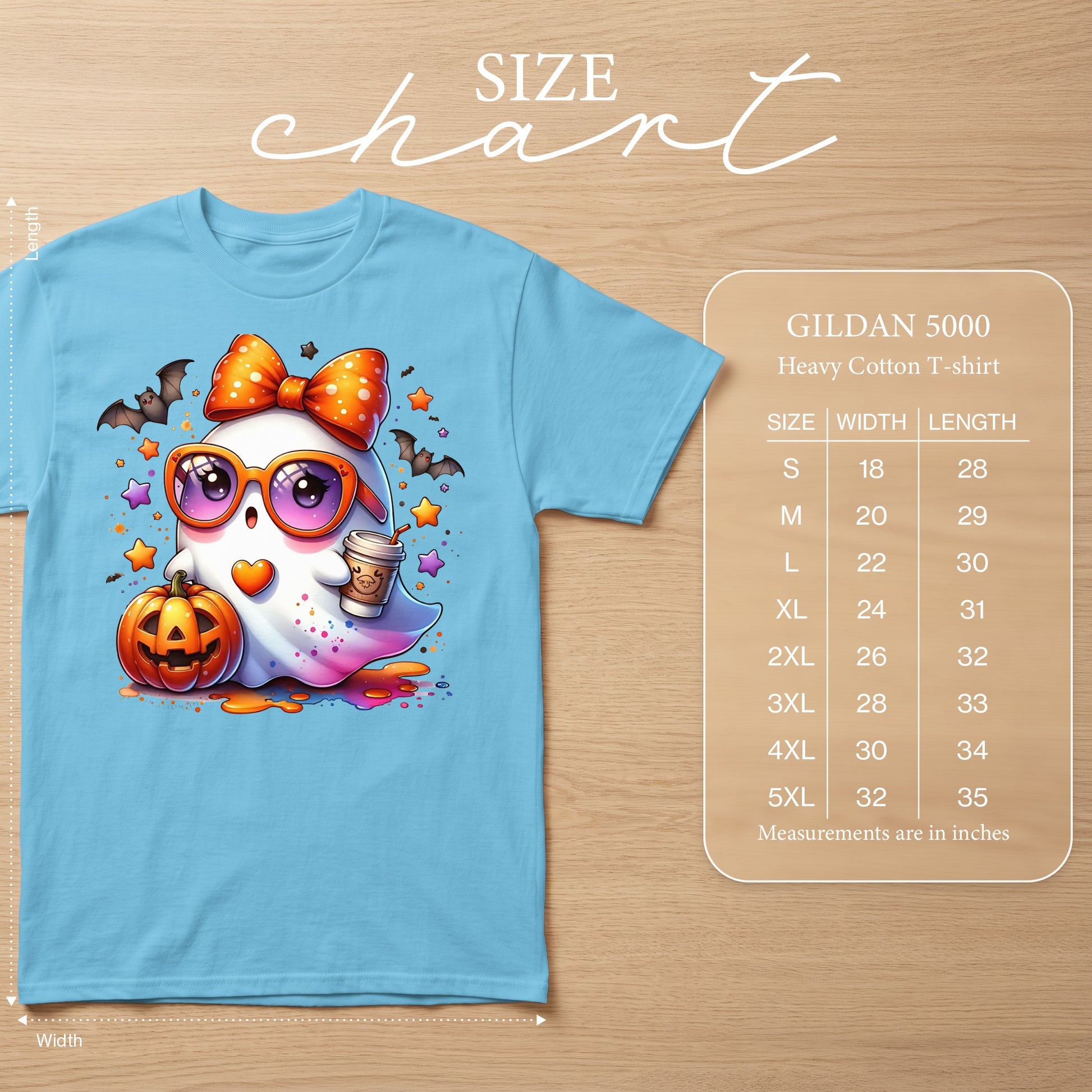 Light blue t-shirt with a cute ghost graphic and Gildan 5000 size chart.