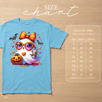 Light blue t-shirt with a cute ghost graphic and Gildan 5000 size chart.