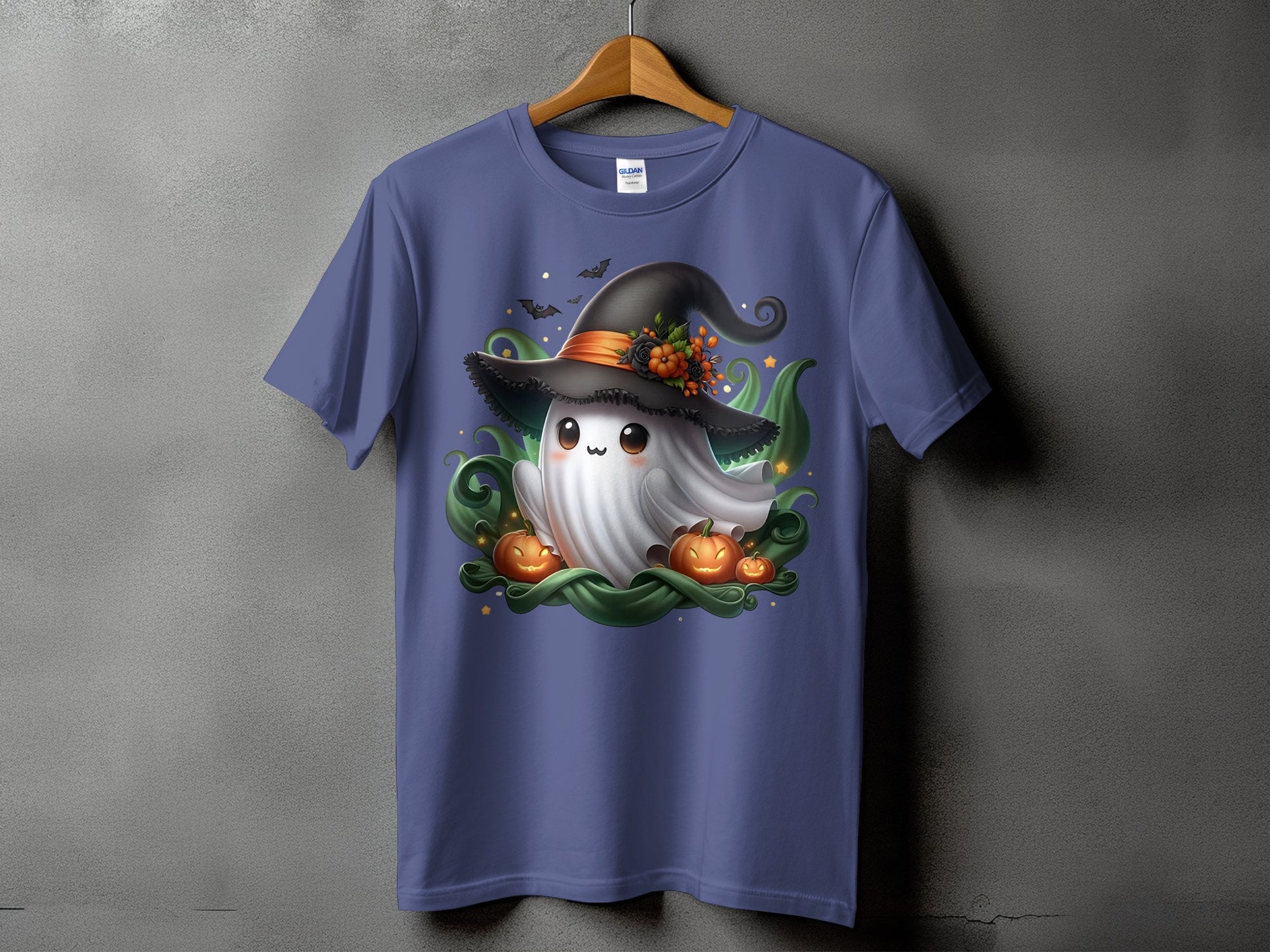Ghost wearing witch hat with pumpkins and bats on a purple t-shirt.