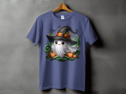 Ghost wearing witch hat with pumpkins and bats on a purple t-shirt.