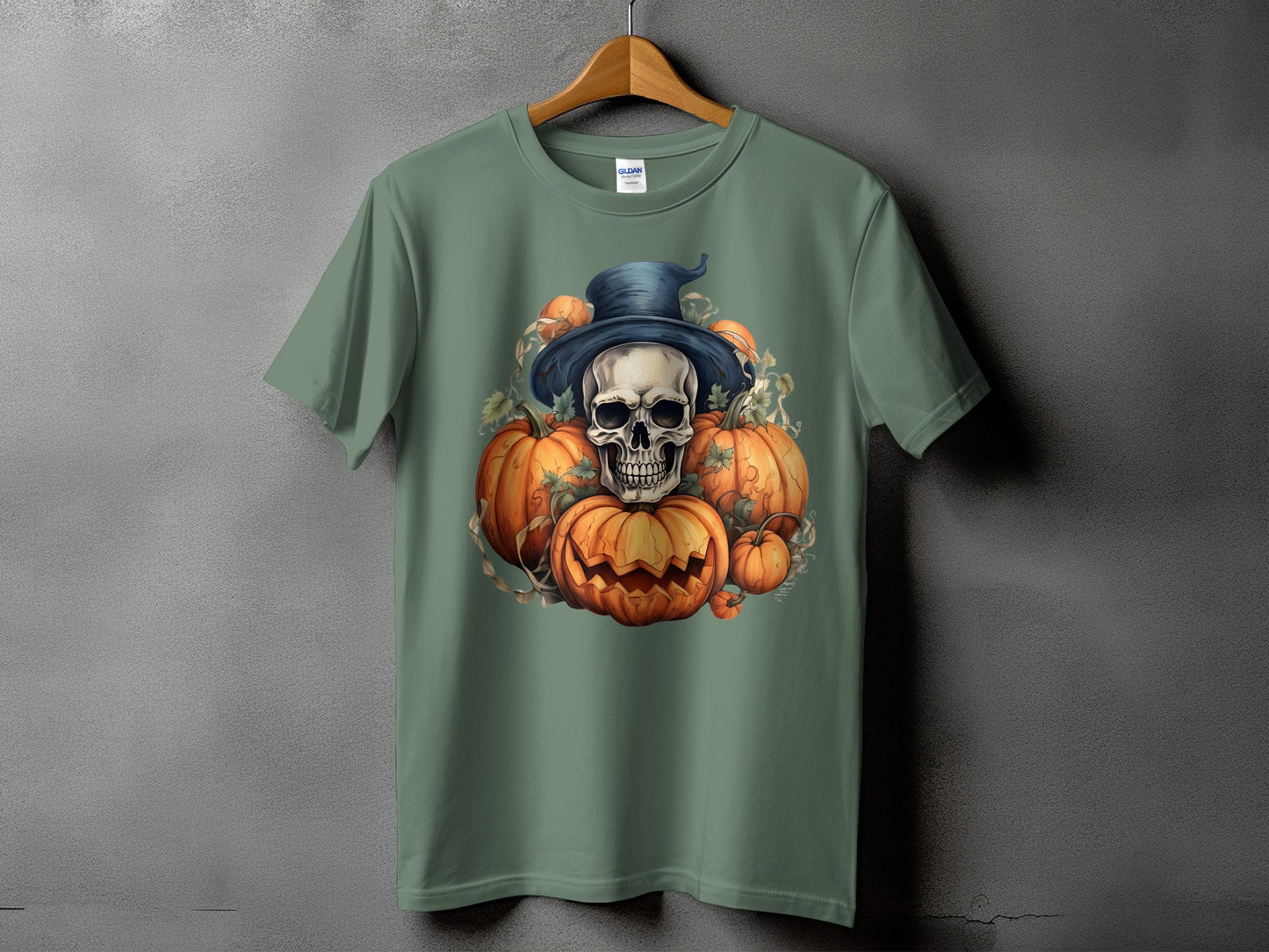 Green t-shirt with Halloween skull and pumpkins graphic print.