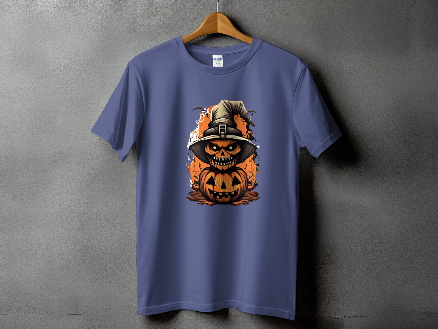 T-shirt with a scary jack-o'-lantern and witch hat graphic.