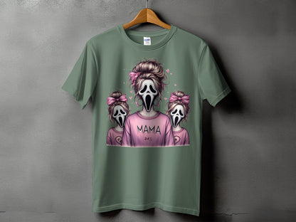 Green t-shirt with "Mama" and two ghost characters with pink bows.