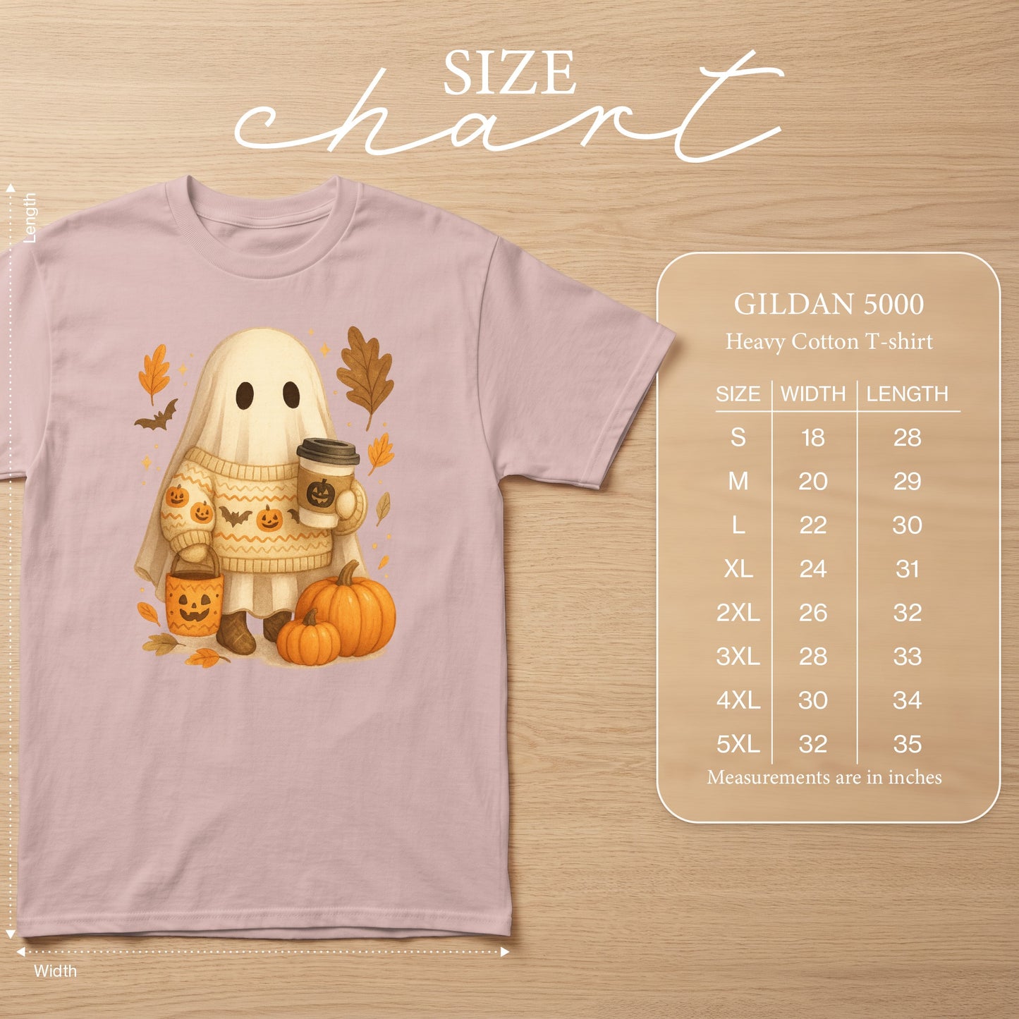 Gildan 5000 Heavy Cotton T-shirt with cute ghost graphic and size chart.