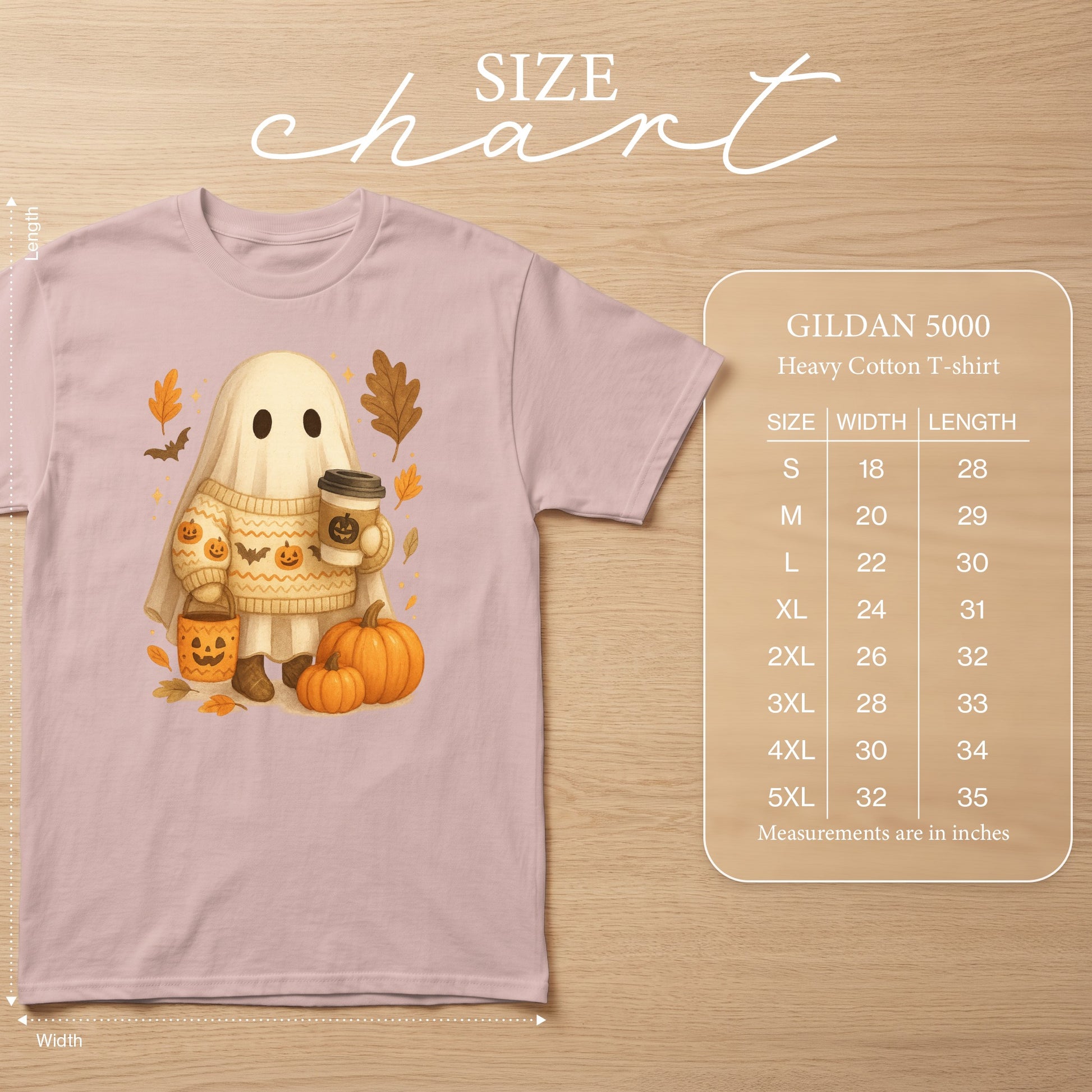 Gildan 5000 Heavy Cotton T-shirt with cute ghost graphic and size chart.