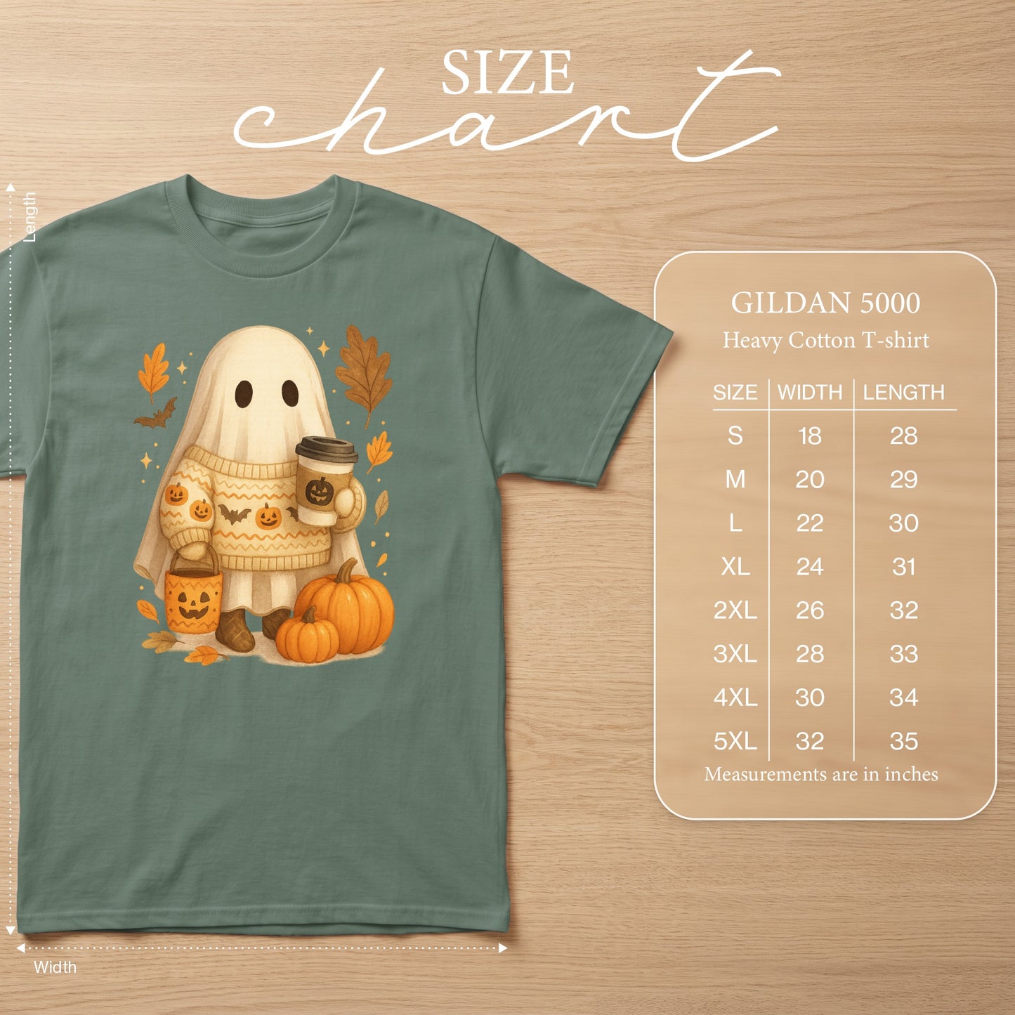 Ghost with pumpkin bucket, holding coffee, size chart for Gildan 5000 Heavy Cotton T-shirt.