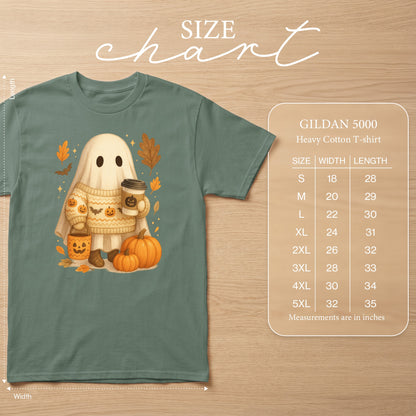 Ghost with pumpkin bucket, holding coffee, size chart for Gildan 5000 Heavy Cotton T-shirt.