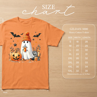 Orange t-shirt with Halloween ghost, pumpkin, bats, and size chart.