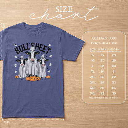 T-shirt with ghost cows and pumpkins, "Bull Sheet" text, and size chart.