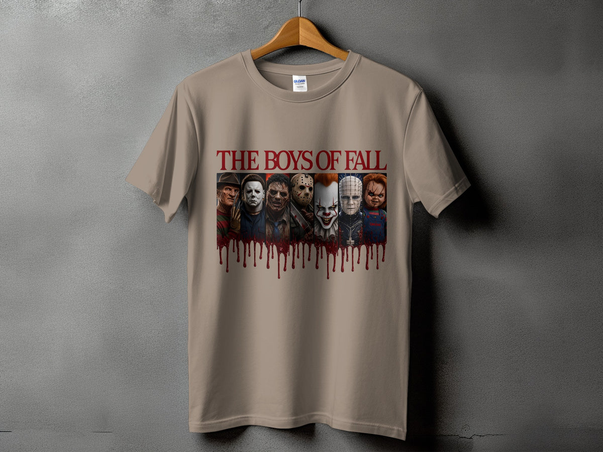 T-shirt with "THE BOYS OF FALL" text and seven horror movie villains.