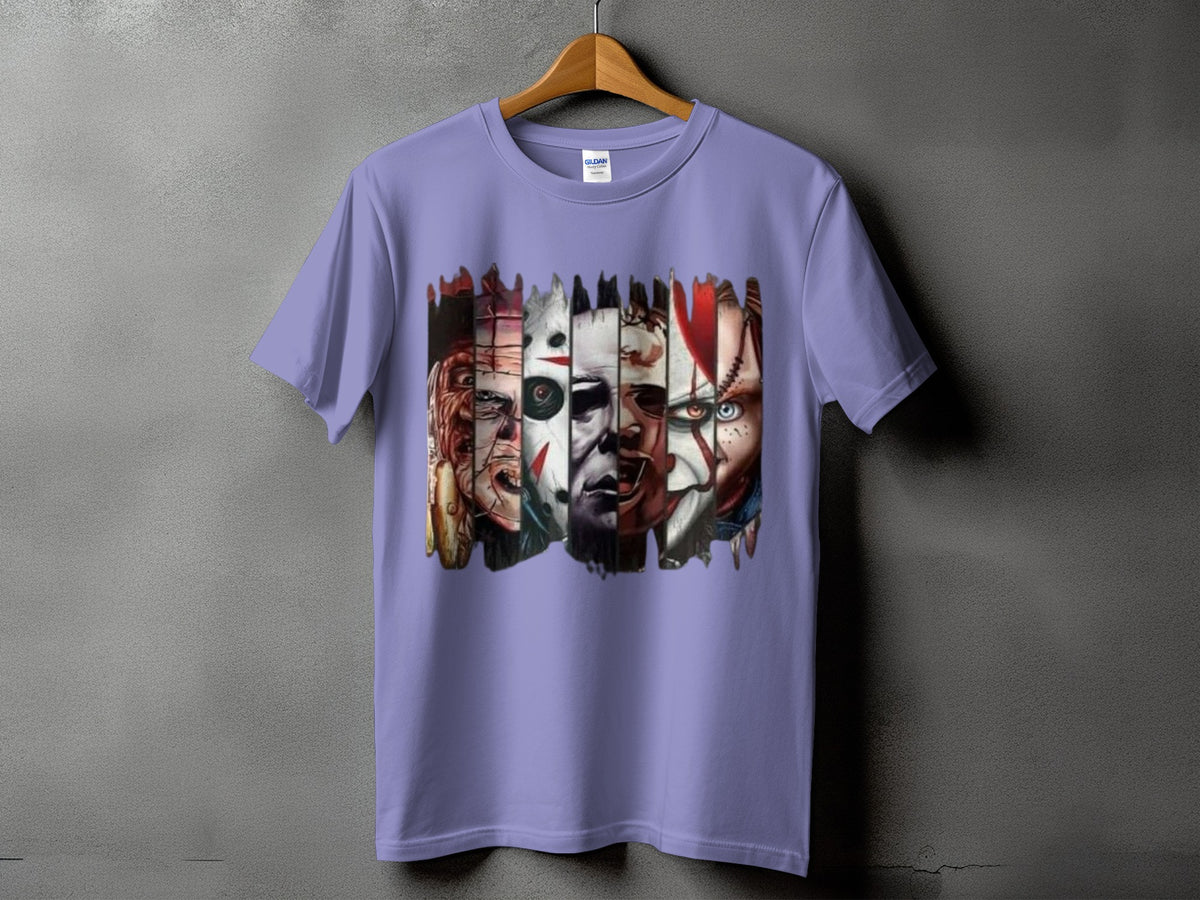 T-shirt with a collage of horror movie characters' faces.