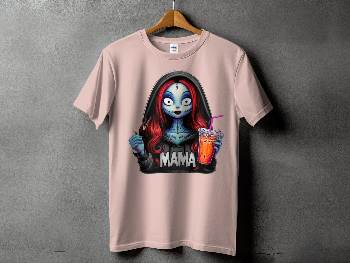 T-shirt with graphic of a stylized character holding a drink, with "MAMA" text.