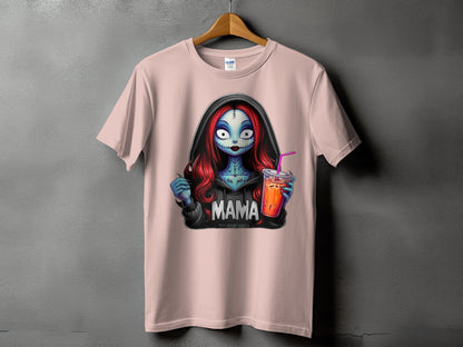 T-shirt with graphic of a stylized character holding a drink, with "MAMA" text.