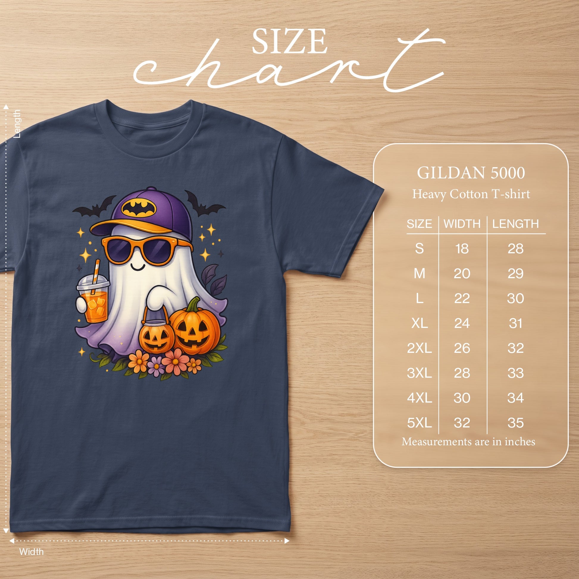 Gildan 5000 size chart with ghost graphic and measurements in inches.