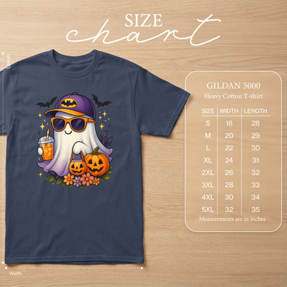 Gildan 5000 size chart with ghost graphic and measurements in inches.
