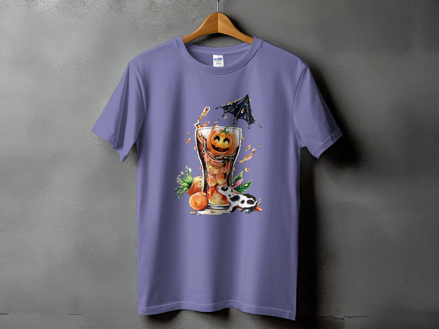 Purple t-shirt with Halloween drink featuring jack-o'-lantern, bat umbrella, and rabbit.