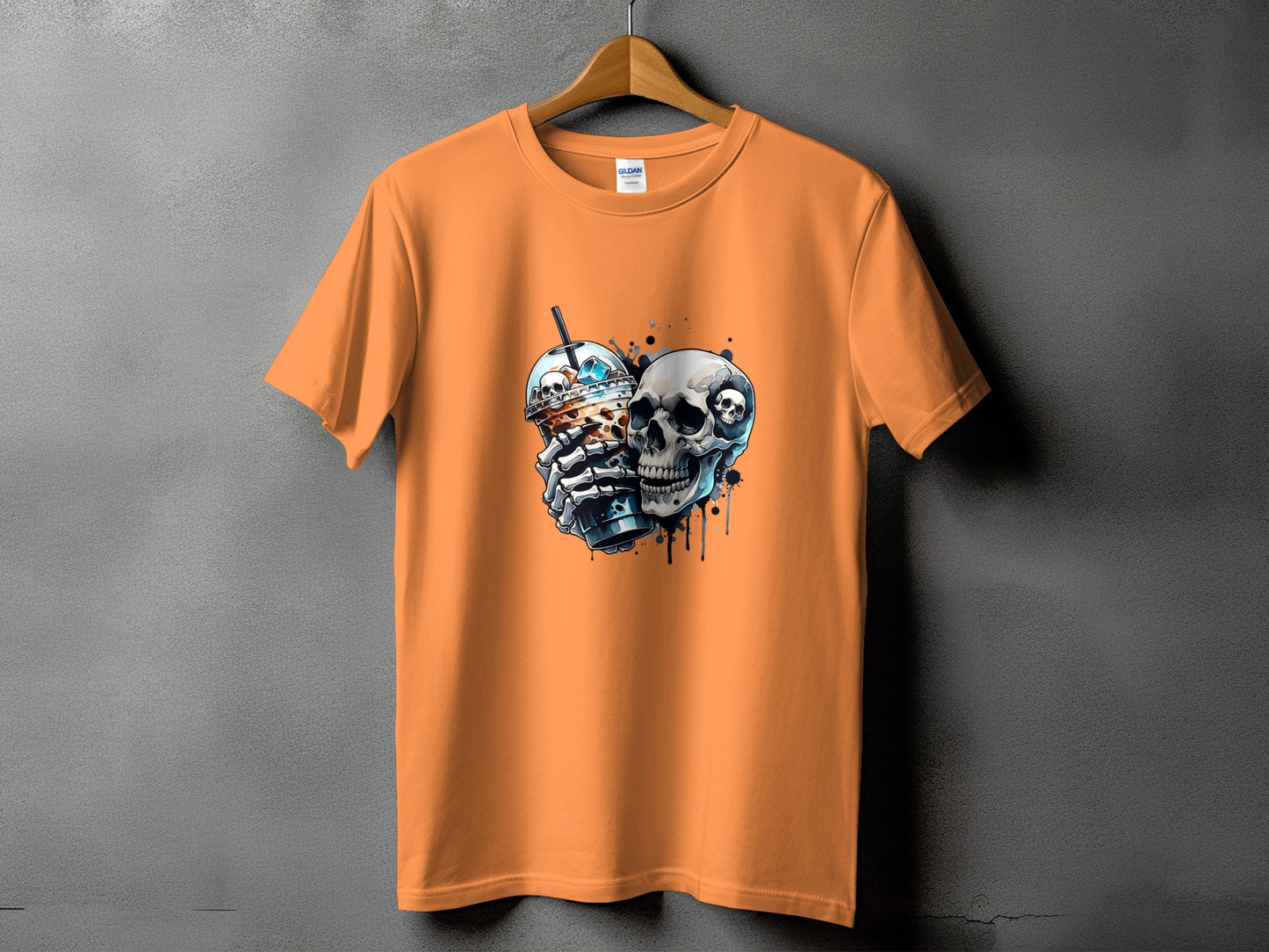 Orange t-shirt with graphic of skull holding a bubble tea.