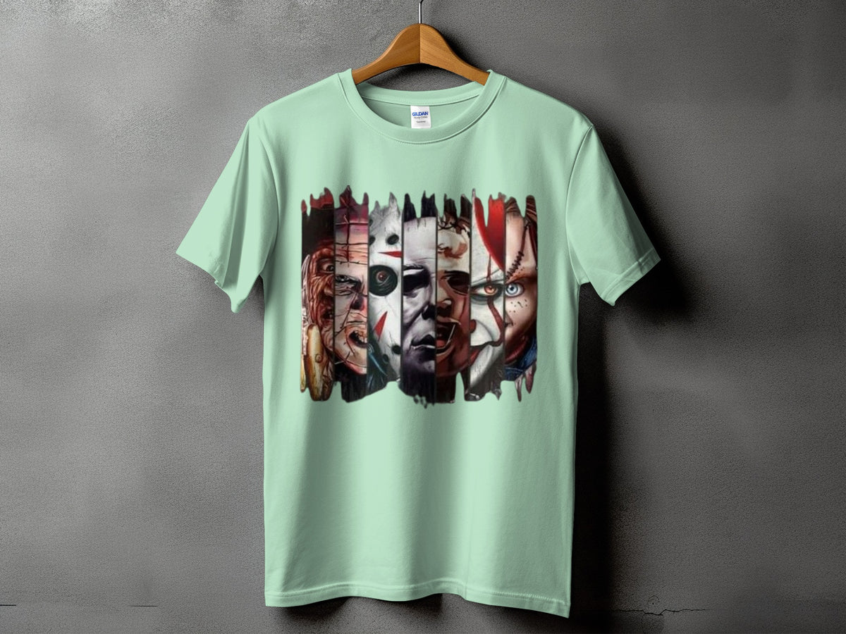 Light green t-shirt featuring a collage of horror movie villains.