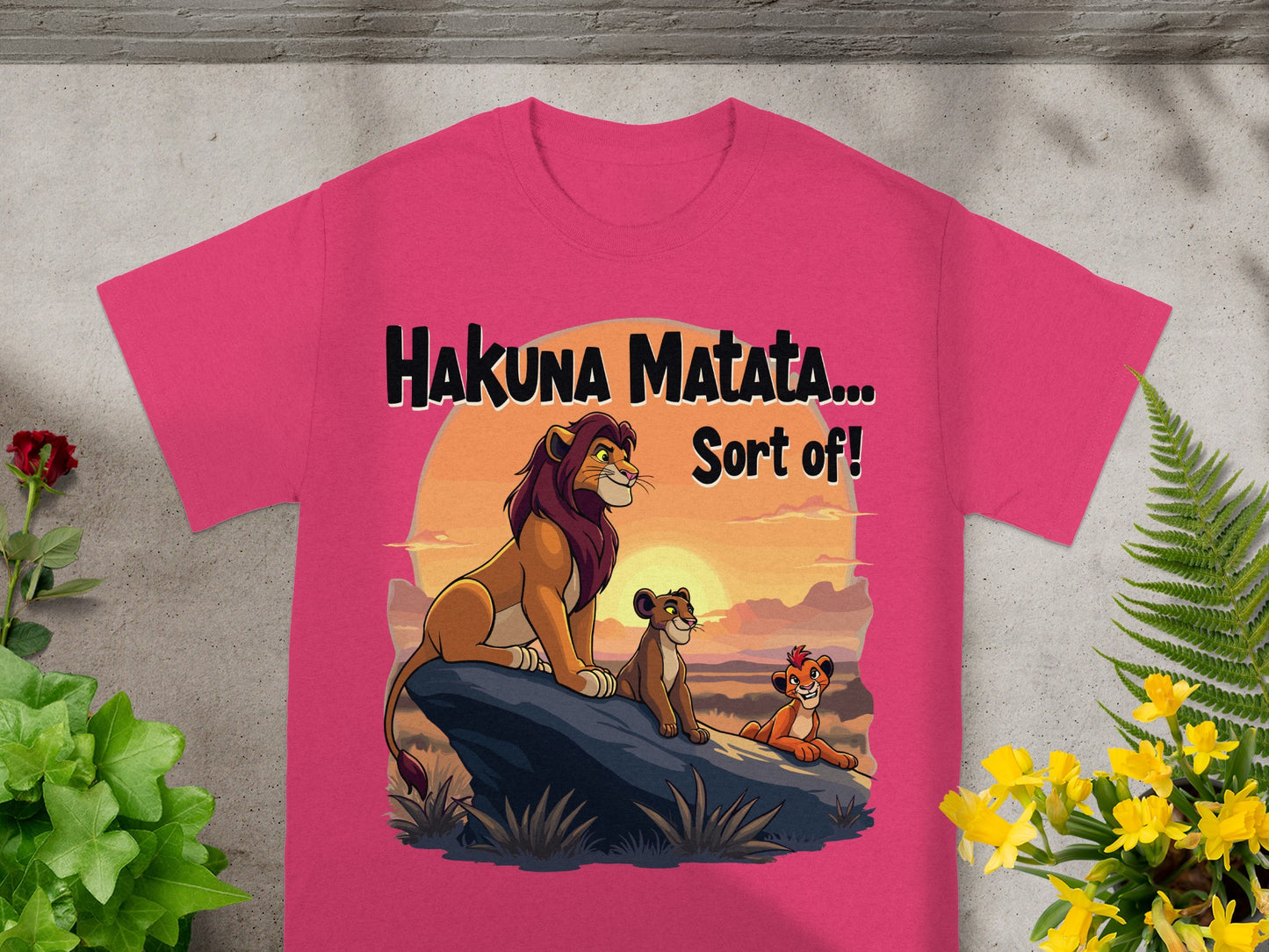 Simba, Nala, and Timon on a rock with "Hakuna Matata... Sort of!" text.
