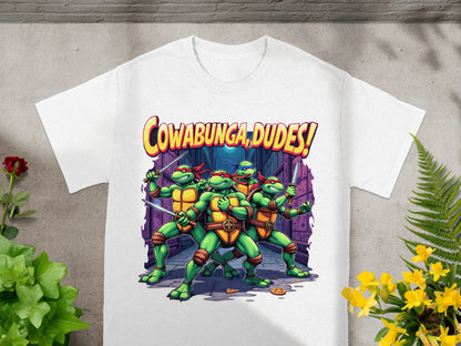 Teenage Mutant Ninja Turtles say "Cowabunga, Dudes!" armed with katanas in a dark alley.