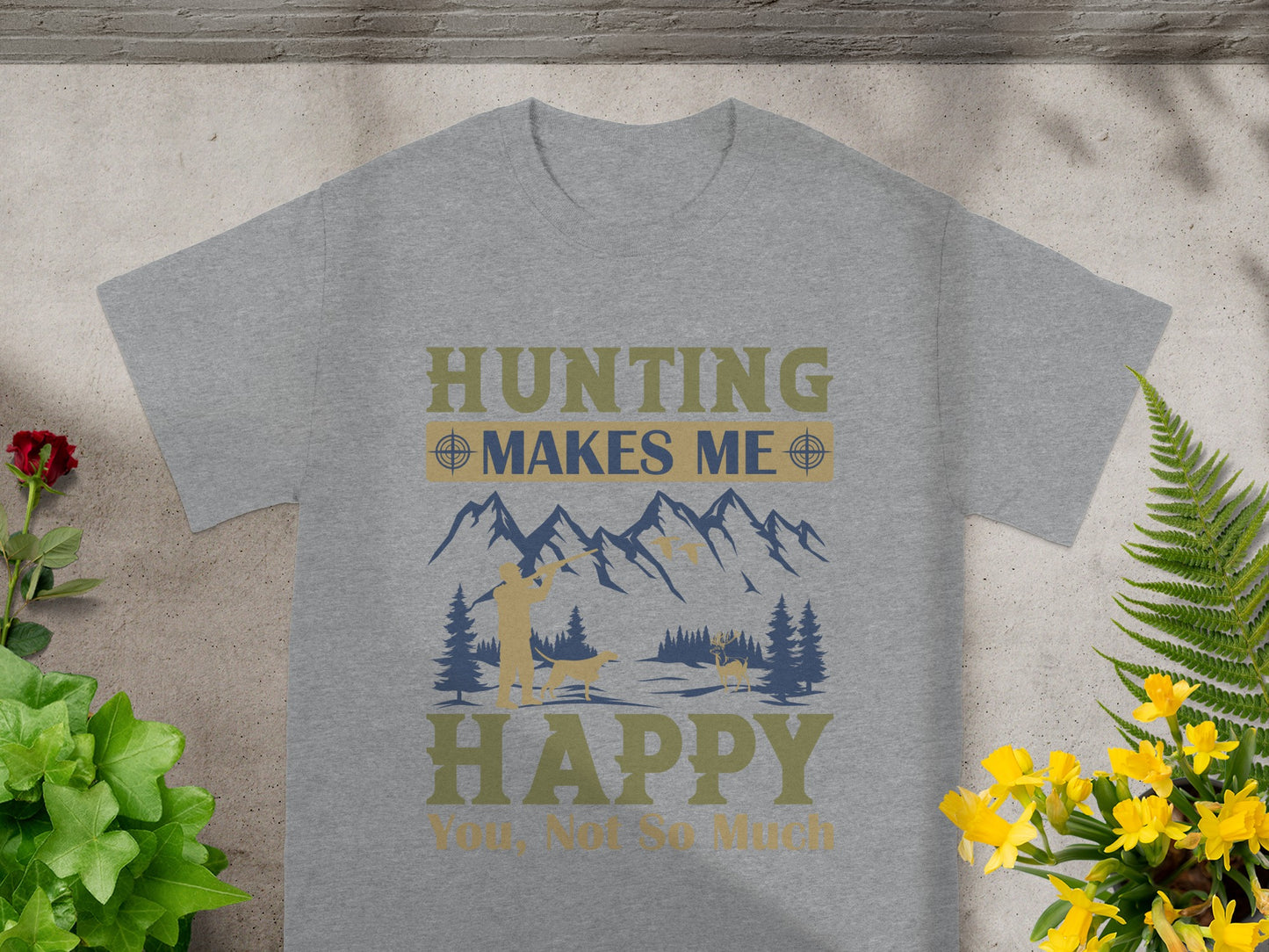 Grey t-shirt graphic with text "HUNTING MAKES ME HAPPY" and hunting scene.
