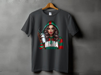 T-shirt with graphic of woman in hooded sweater with "MAMA" text and clawed glove.