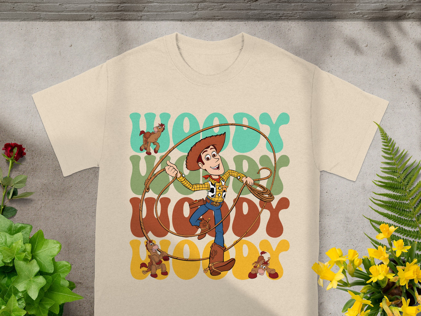 Woody from Toy Story with Lasso and companion figures, "WOODY" text.