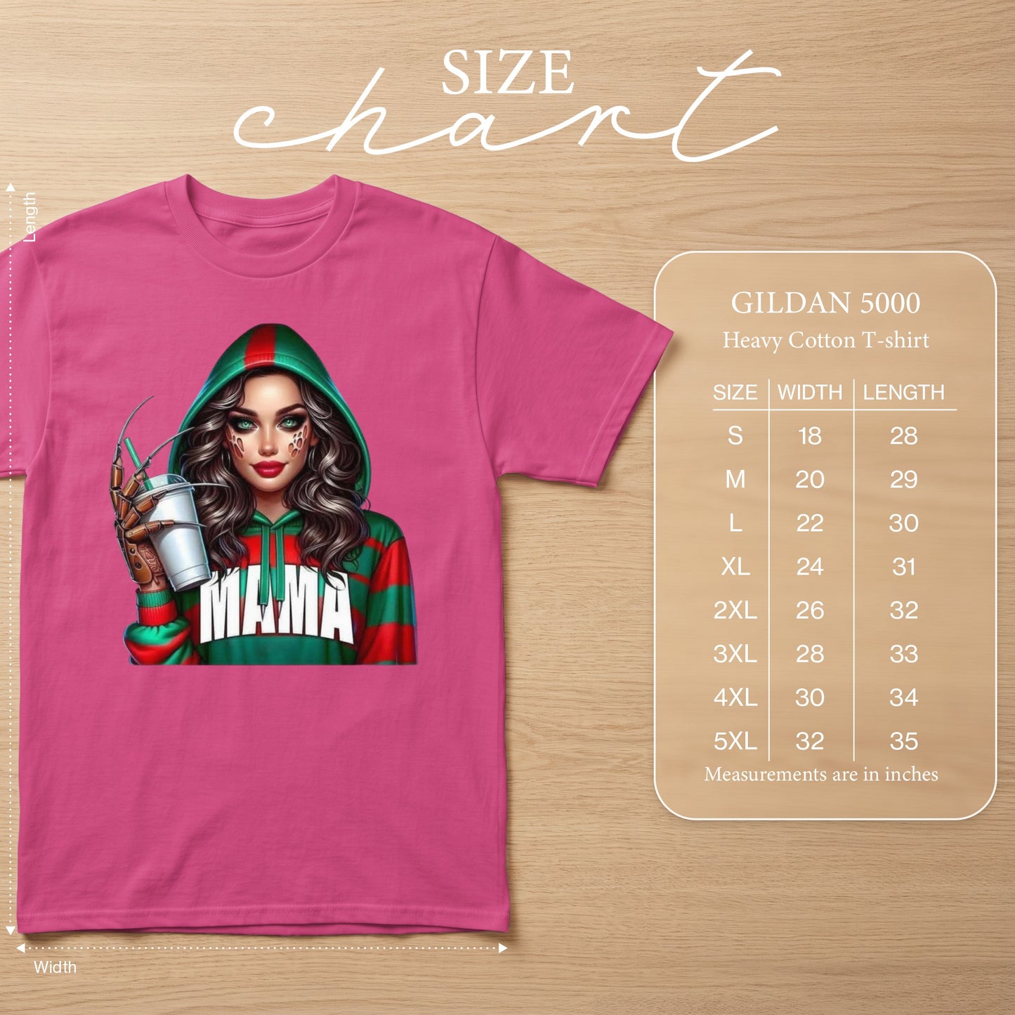 Pink t-shirt with "Mama" graphic and Gildan 5000 size chart.