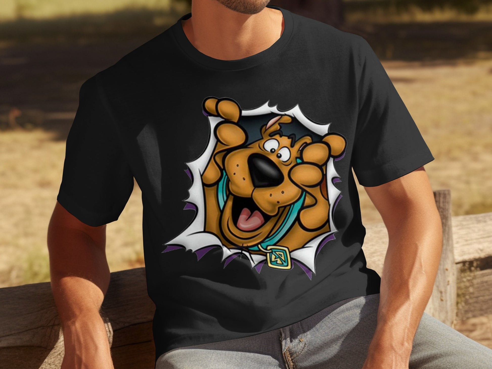 Scooby-Doo Happy Face Tearing Through Black T-shirt