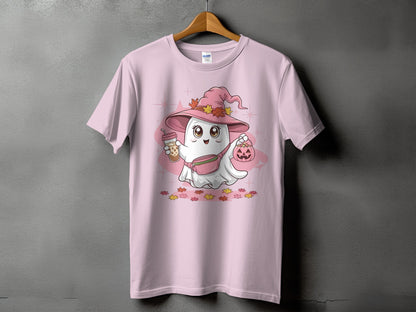 Pink t-shirt with a cartoon ghost wearing a witch hat and holding drinks and candy.
