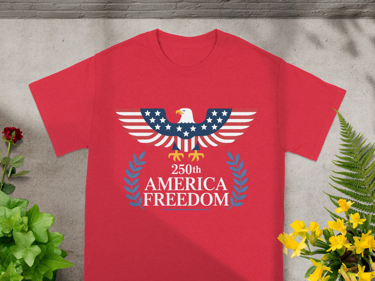 Red t-shirt with American flag eagle and "250th AMERICA FREEDOM" text.