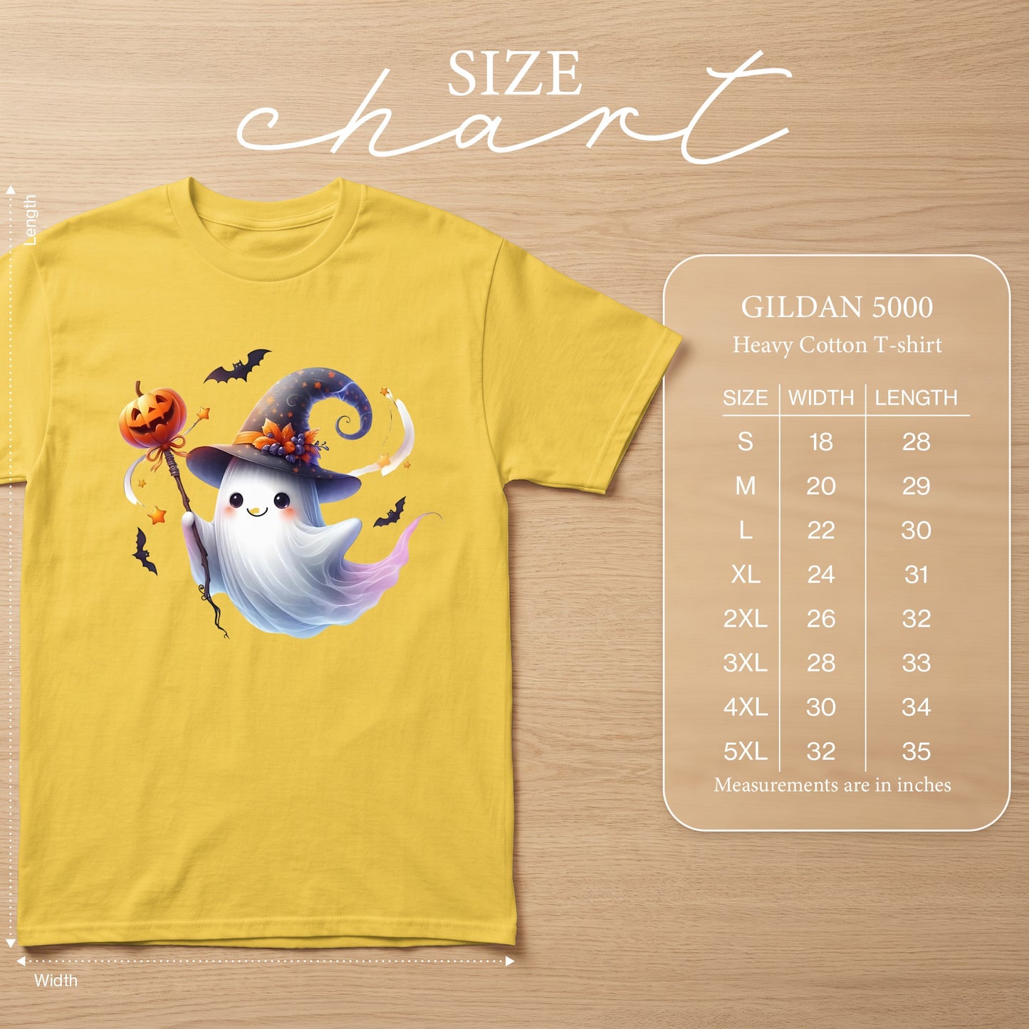 Yellow Gildan 5000 heavy cotton t-shirt with Halloween ghost graphic and size chart.