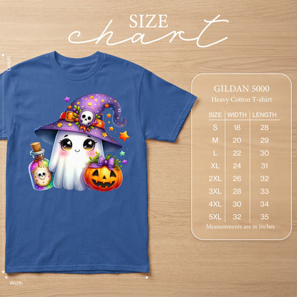 Blue t-shirt with kawaii ghost, witch hat, potion, and pumpkin graphic; size chart included.