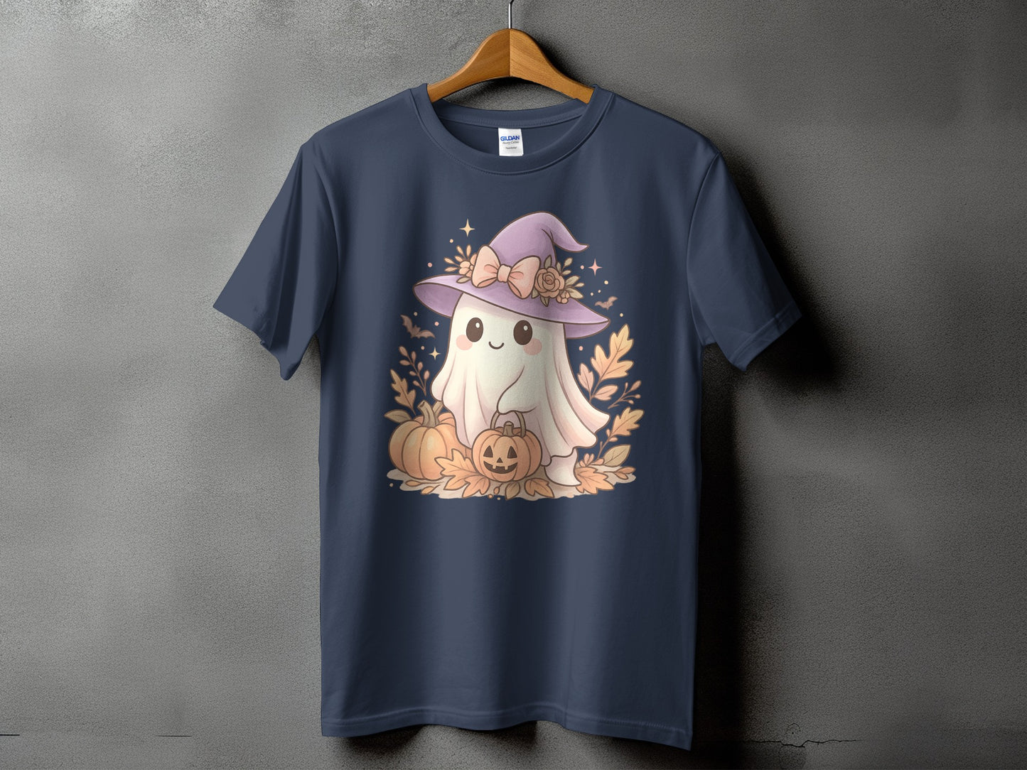 Cute ghost in a witch hat holding pumpkins with autumn leaves.
