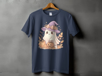 Cute ghost in a witch hat holding pumpkins with autumn leaves.