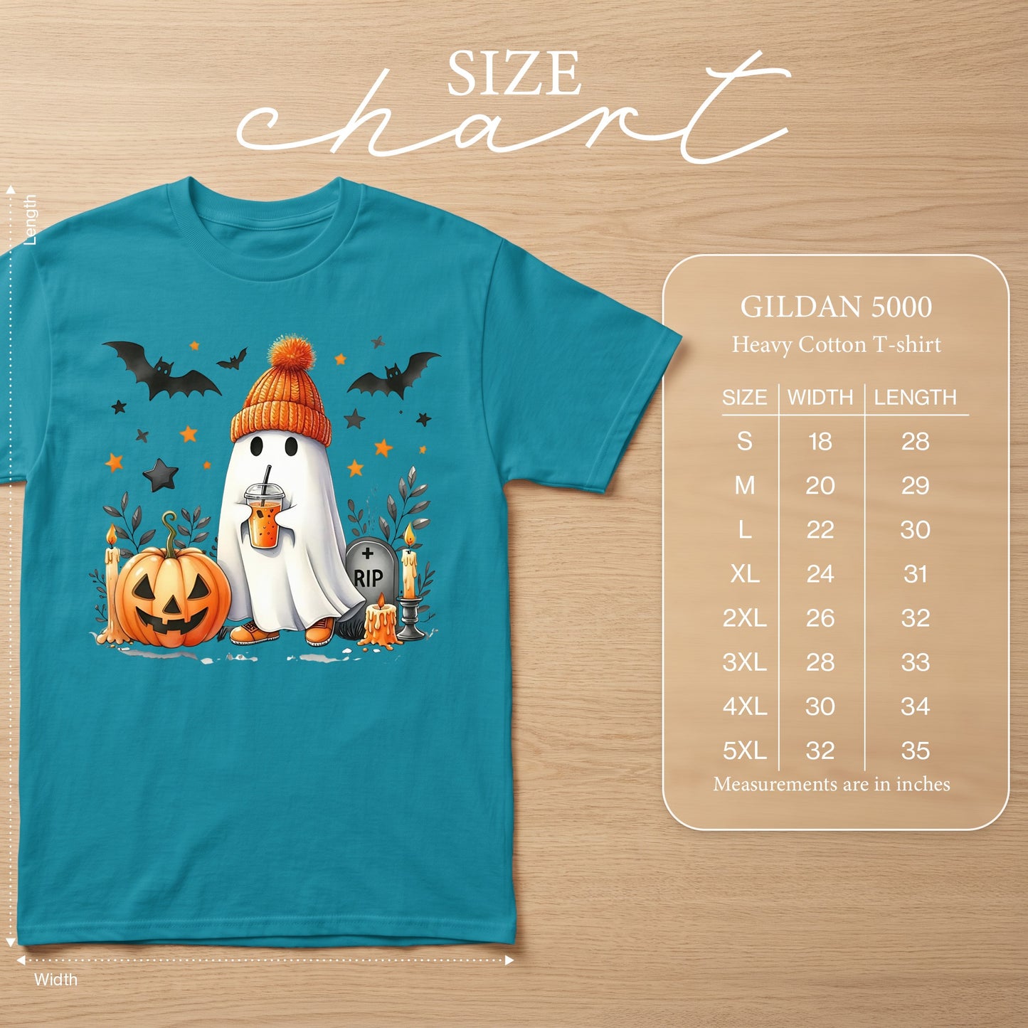 Teal t-shirt with Halloween ghost graphic and Gildan 5000 heavy cotton t-shirt size chart.