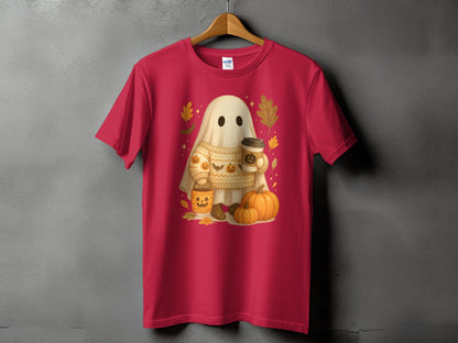 Ghost wearing sweater holding coffee, with pumpkins and autumn leaves on a t-shirt.