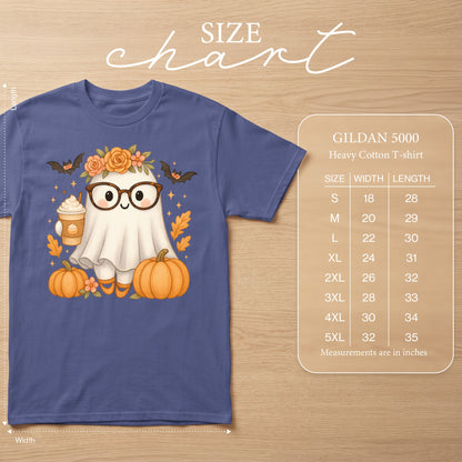 Ghost with glasses, holding pumpkin spice latte, with pumpkins and bats, on Gildan 5000 shirt.