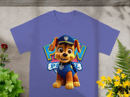 Chase from Paw Patrol sitting on a purple t-shirt.