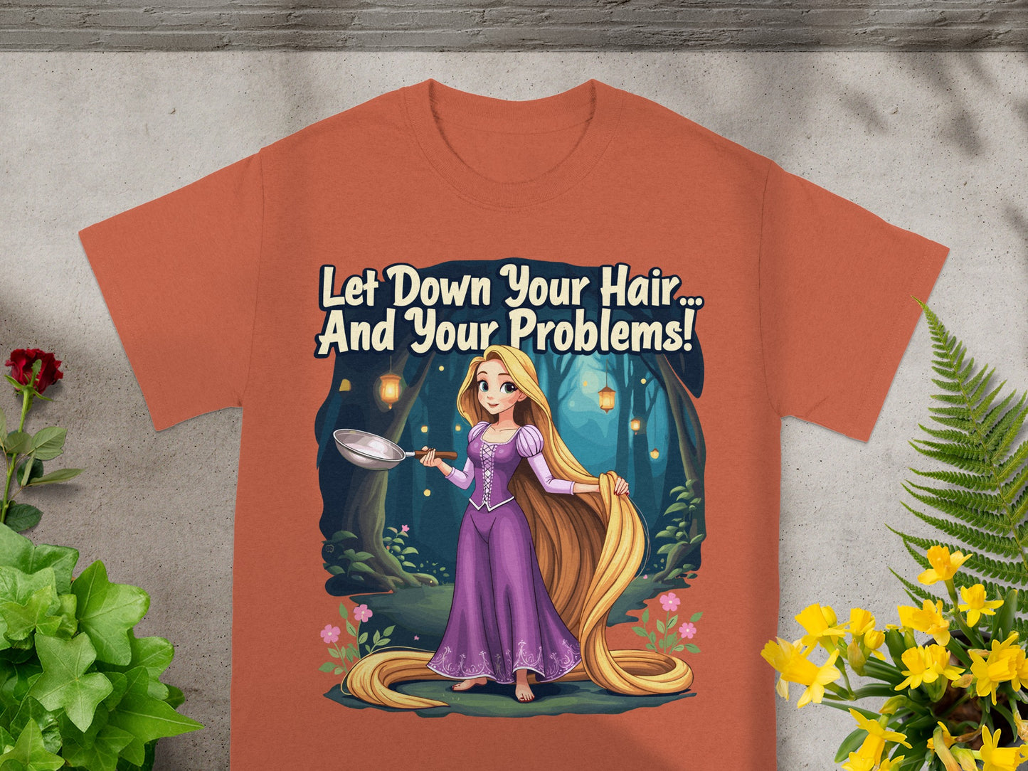 T-shirt with Rapunzel's "Let Down Your Hair" quote and illustration.