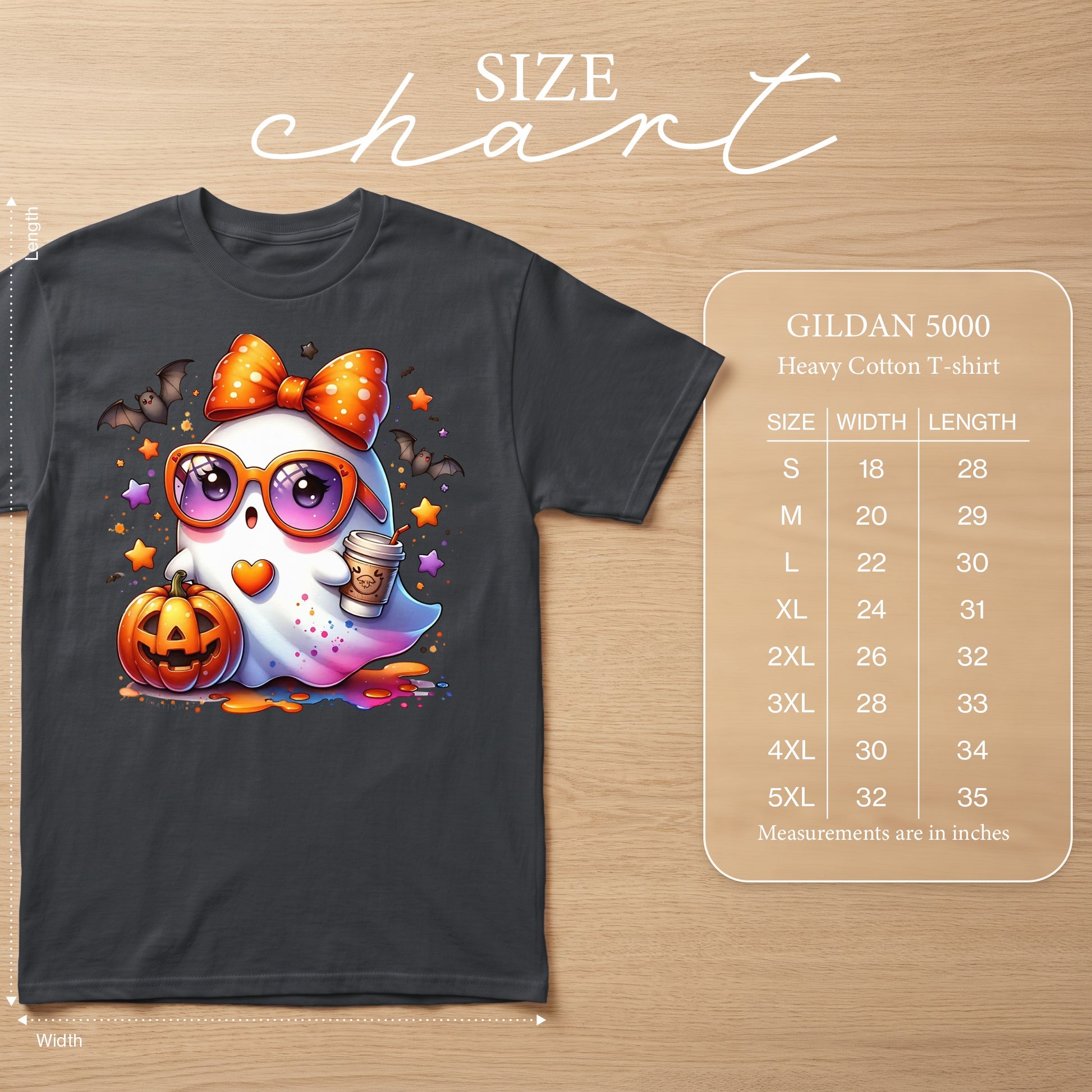 T-shirt with a cute ghost graphic, pumpkin, coffee, and bats, with a size chart.