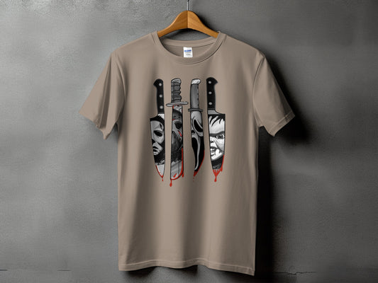 T-shirt with horror movie icons on bloody knives graphic.