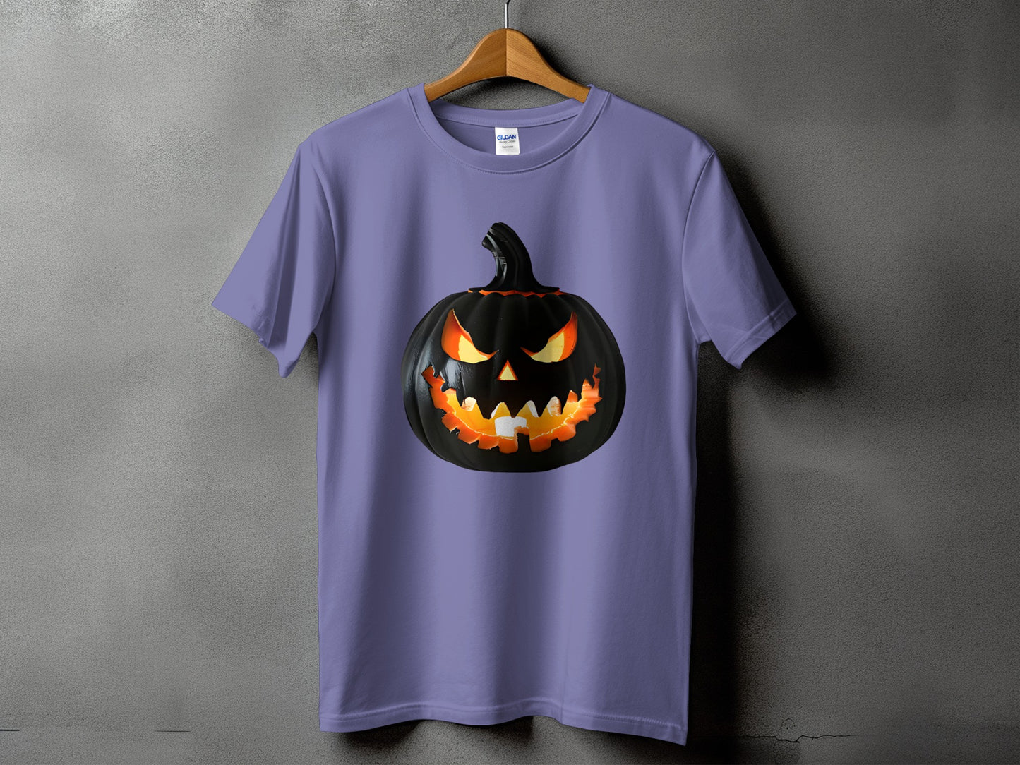 Purple t-shirt with a black jack-o'-lantern graphic on the front.