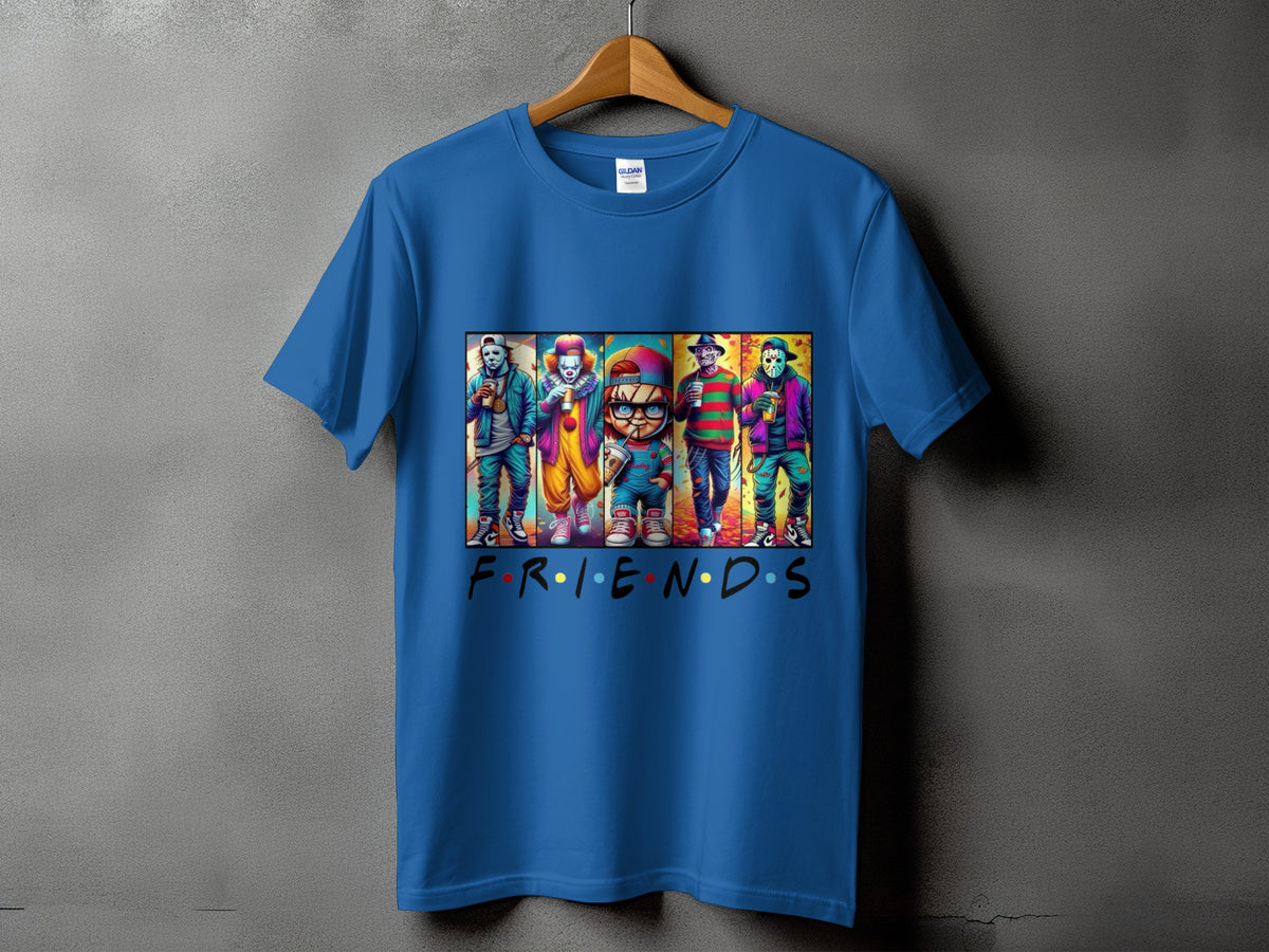 Blue t-shirt with horror characters in "Friends" parody design and text.