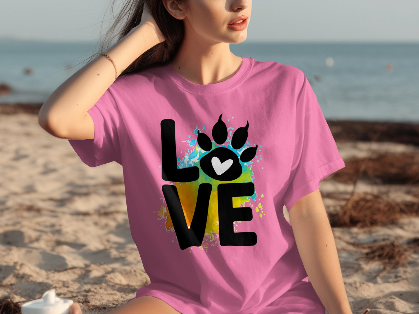 Colorful Love Paw Print Design Pink T-Shirt for Pet Lovers