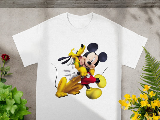 White t-shirt featuring Mickey Mouse and Pluto embracing.