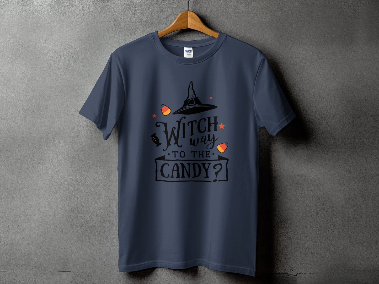 Navy t-shirt with "Witch way to the candy?" Halloween graphic.