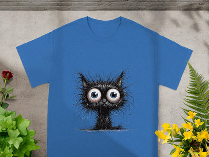Fuzzy-Eyed Black Cat Graphic on Blue T-Shirt