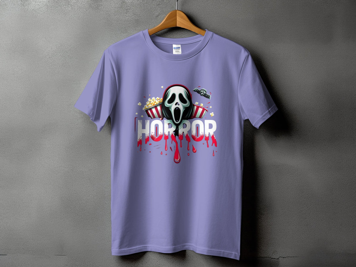 Purple t-shirt with horror mask, popcorn, and dripping red text.