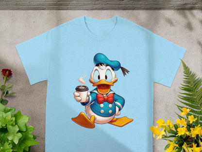 Light blue t-shirt with cartoon Donald Duck holding a cup of coffee.